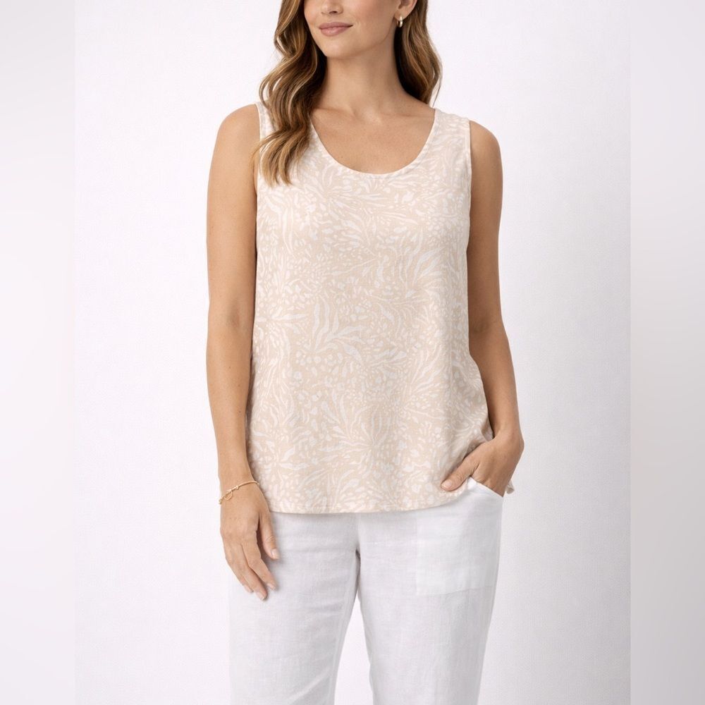 Charlie Beige Abstract Print Linen Blend Sleeveless Button Back Top XL